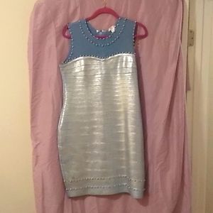 Venus body con dress, size xl/16, color lite blue and sliver.